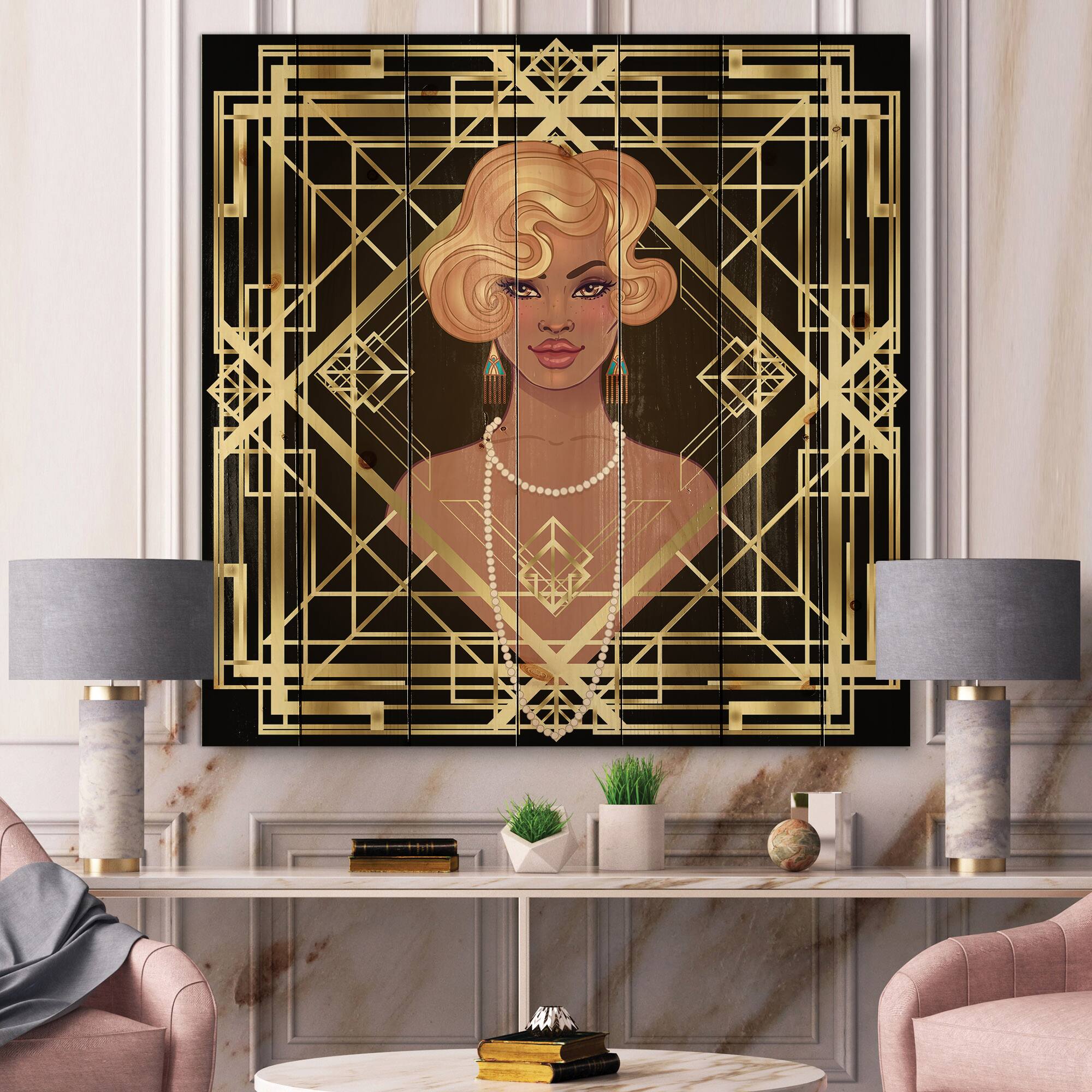 Designart - Retro Women In Golden Art Deco Geometrics III